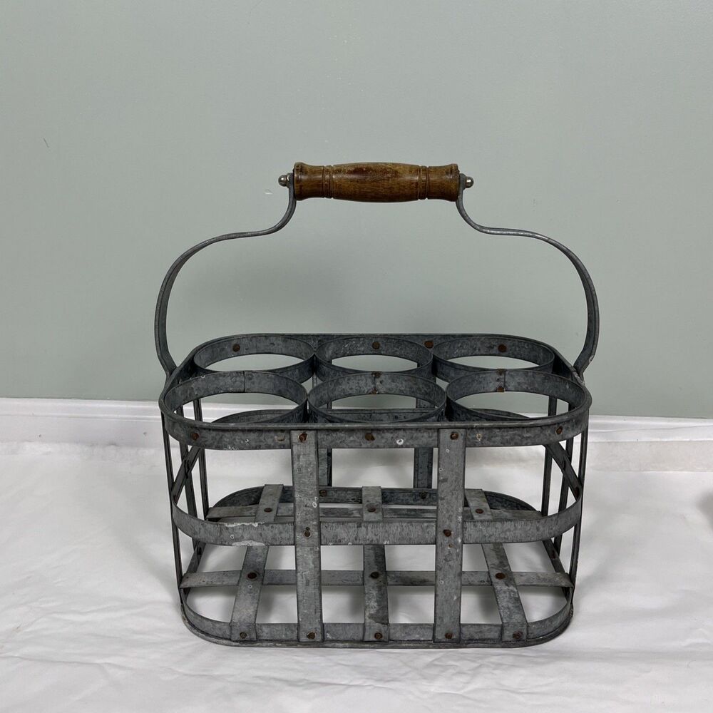 VTG‎ Galvanized Metal 6 Bottle Caddy Carrier Wood Handle Patina Rustic Cottage